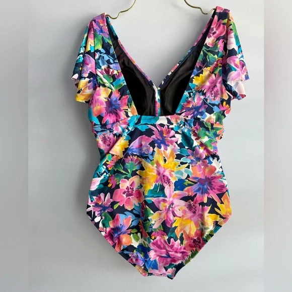Swim Solutions Women's Garden Dreams Flutter-Sleeve One-Piece Swimsuit Size 14